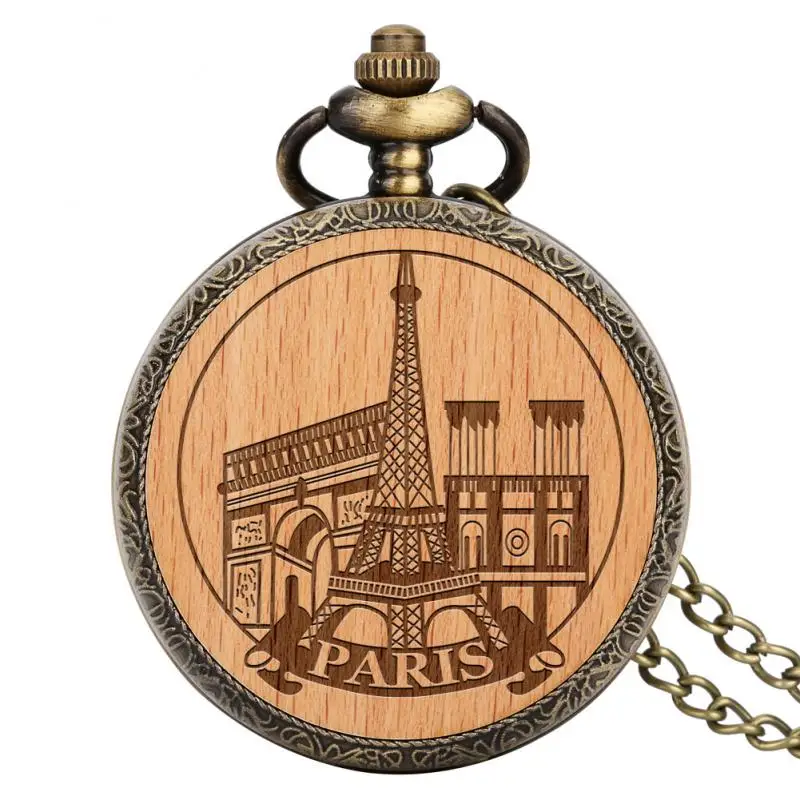 

Sculpted Engraved Eiffel Tower Paris France Building Figurine Statue Wood Crafts Quartz Pocket Watch Wooden Clock Souvenir Gifts