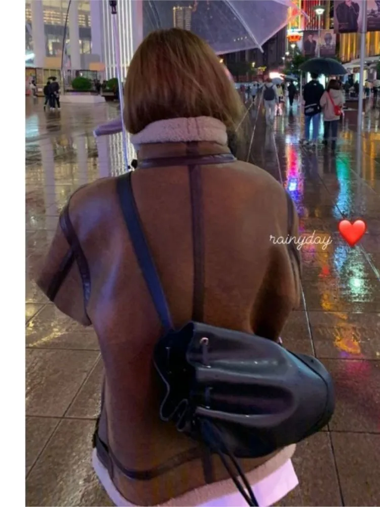 Women Faux Leather Fur Coats Sheep Leather Shearling Thicken Jacket Lady Fashion Long Sleeve Zipped Outerwear Winter Warm Coat