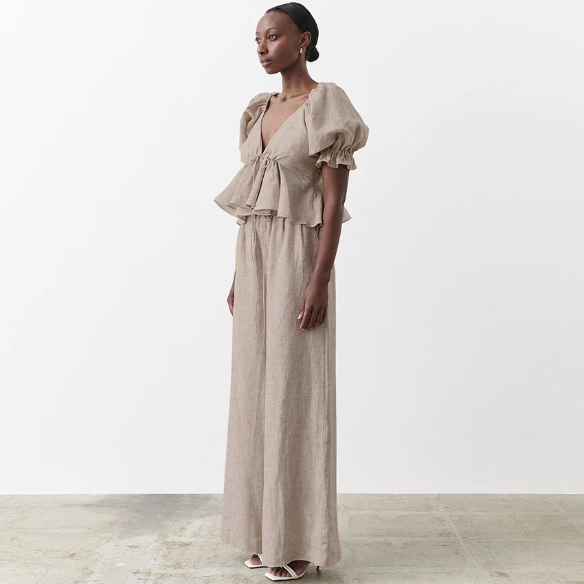 

Linen Women Home Suit Blouse Vintage Summer Shirt Deep V Neck Female Ruffle Top Lace Up Backless Sexy Peplum Shirt Puff Sleeve