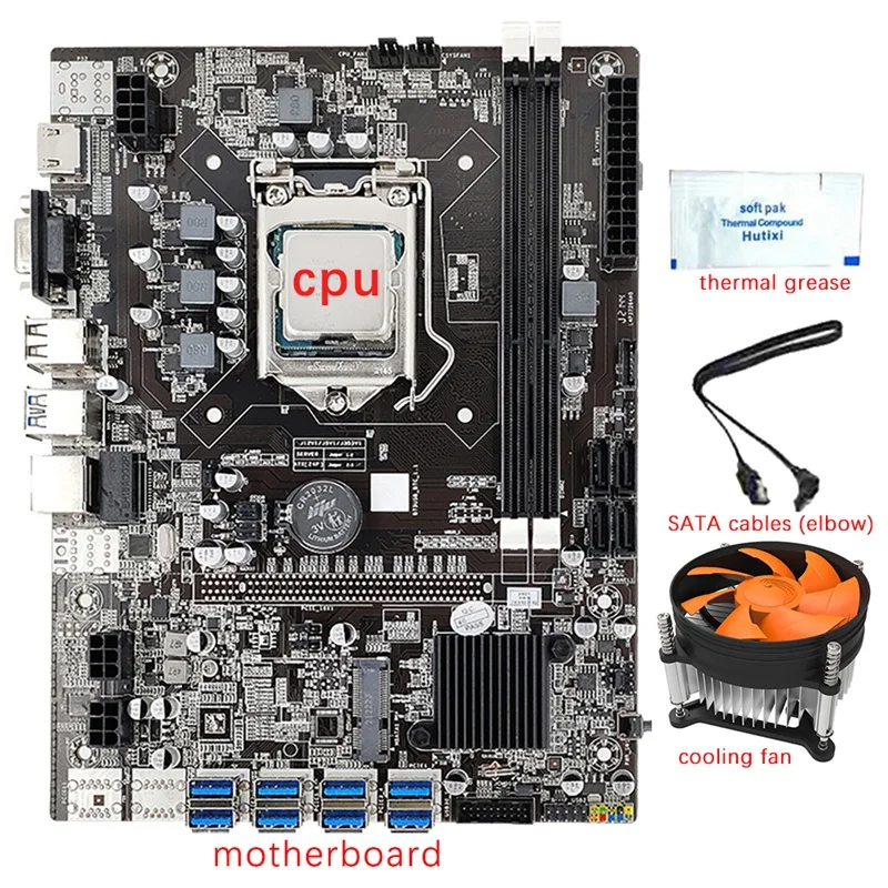 NEW-8 Cards B75 Mining Motherboard+CPU+Fan+Thermal Grease+SATA Cable 12 USB3.0 To PCIE 1X GPU Slot LGA1155 DDR3 RAM SATA3.0