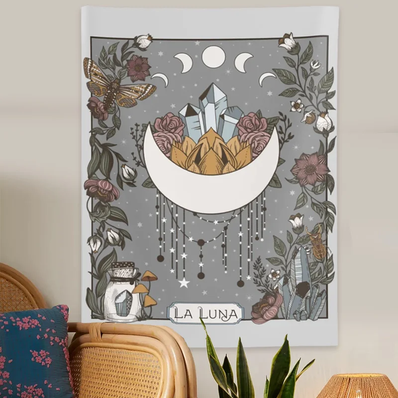 

La Luna Tapestry Wall Hanging Moon Phase Tarot Card Psychedelic Scene Home Decoration Witchy Nature Hanging Wall Art Sheets