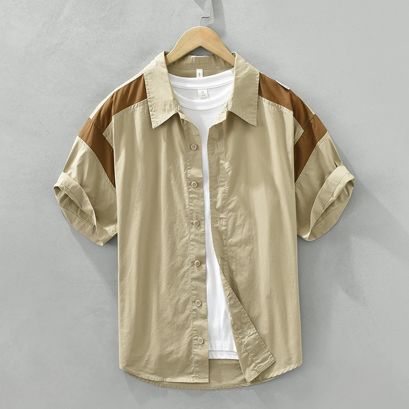 

2023 Summer New Patchwork Color Pure Cotton Short Sleeve Shirt for Men Fashion Turn-down Collar Designer Clothes