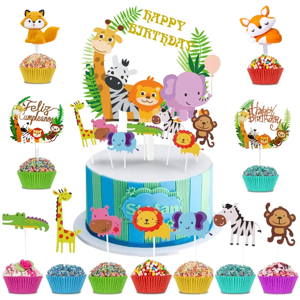 

Jungle Cake Decoration Zoo Animal Cupcake Topper Happy Birthday Jungle Safari Cake Toppers for Kid Birthday Jungle Theme Party