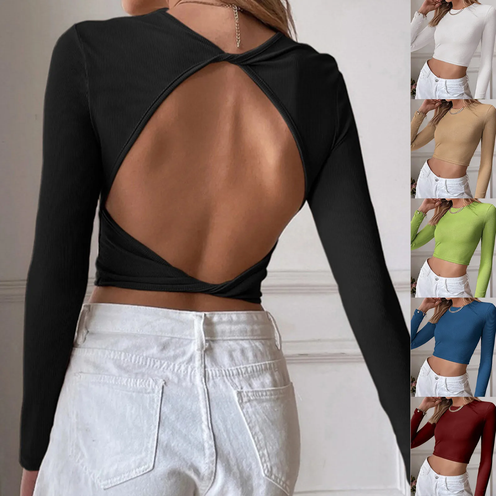 

Womens Sexy Backless Casual Cropped Slim Long Sleeve T Shirt Top Womens Lace Shirts Blouses Junior