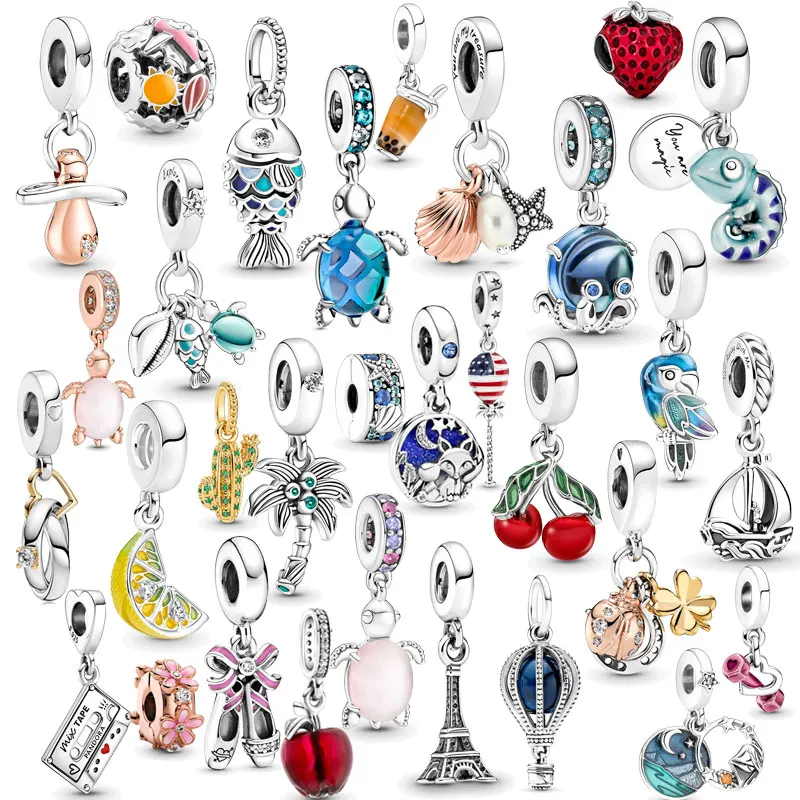 

2022Summer New Fit Original Pandora Bracelet 925 Silver Pink Turtle Parrot Chameleon Cherry Charm Bead Pendant Women Jewelry DIY