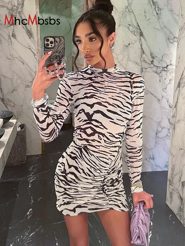 

Соблазнительное Сетчатое мини-платье с высоким воротником и принтом зебры, женское прозрачное облегающее платье для ночного клуба, весна-о...