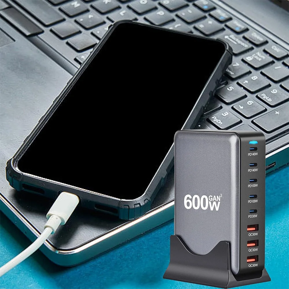 Популярное зарядное устройство GaN USB C мощностью 600 Вт 8-портовая станция быстрой
