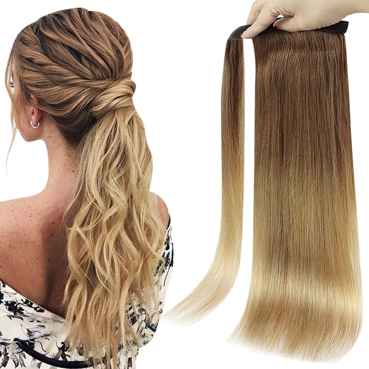 Full Shine Ponytai Human Hair 70g/80g Lightest Brown Fading to Golden Blonde Remy Hair Extensions Human Hair Ponytail