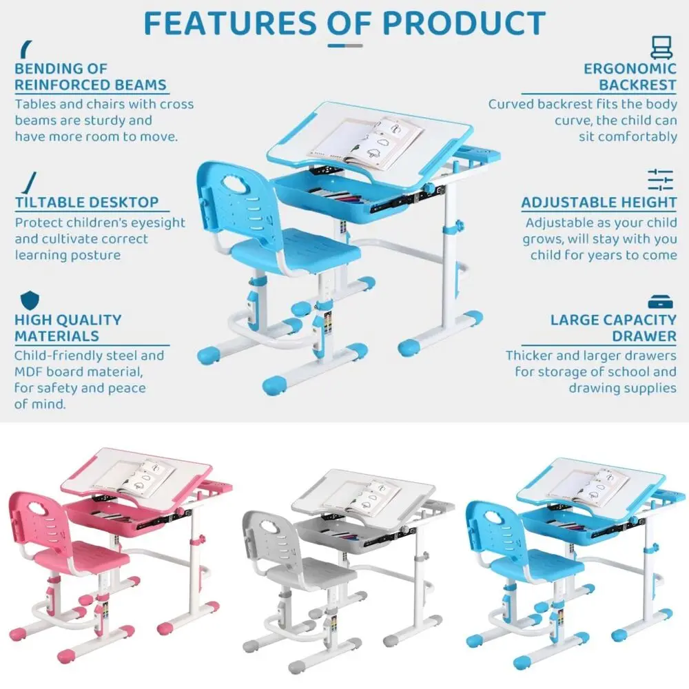 

Height Adjustable Kids Study Desk and Chair Set Toddler Study Drawing Table Gray