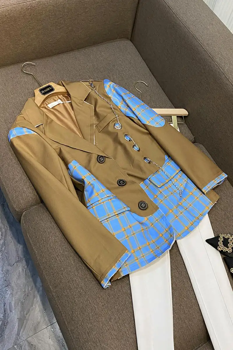 

Женский офисный блейзер в клетку, повседневный Однобортный блейзер с длинным рукавом и цепочкой в стиле пэчворк