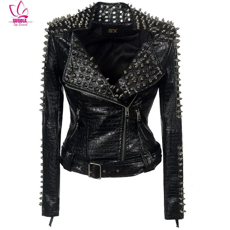 

SUSOLA SX Occident Trend Women Club Hot Style Stud Slim Fit Jacket Shoulder Rivets Zip Stitching Short PU Leather Rock Coat