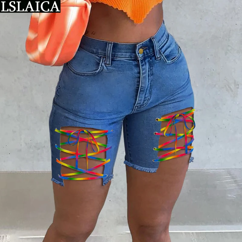 

Lslaica Summer Women's Clothing 2022 Fashion High Quality Pockets Colored Webbing Bandage Shorts Jeans Woman Elegant Clothes New
