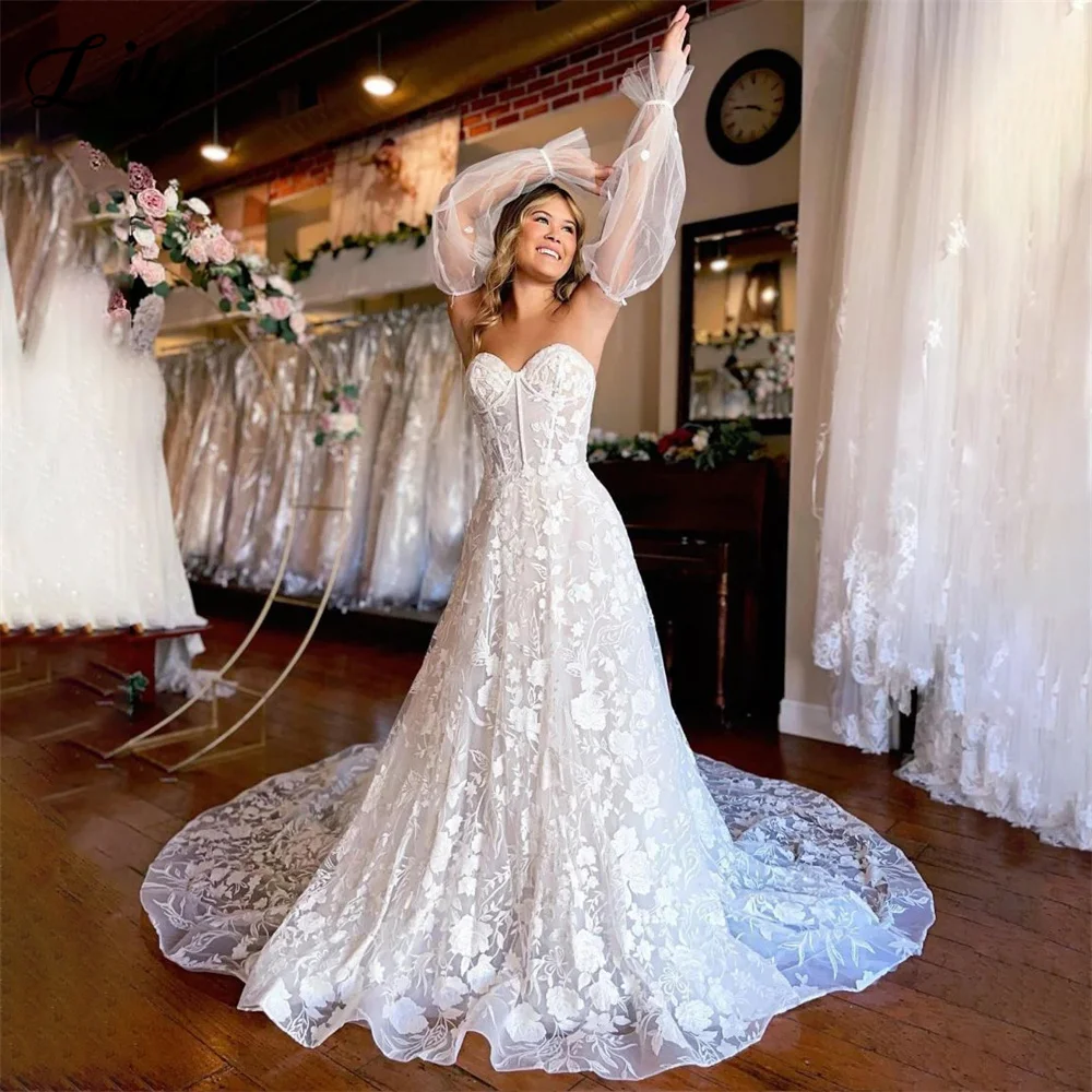 

Disassembly Sleeve Wedding Dress For Bride Size Appliques Lace Custom Made Wedding Gown Zipper Back Bridal Dress robe de mariée