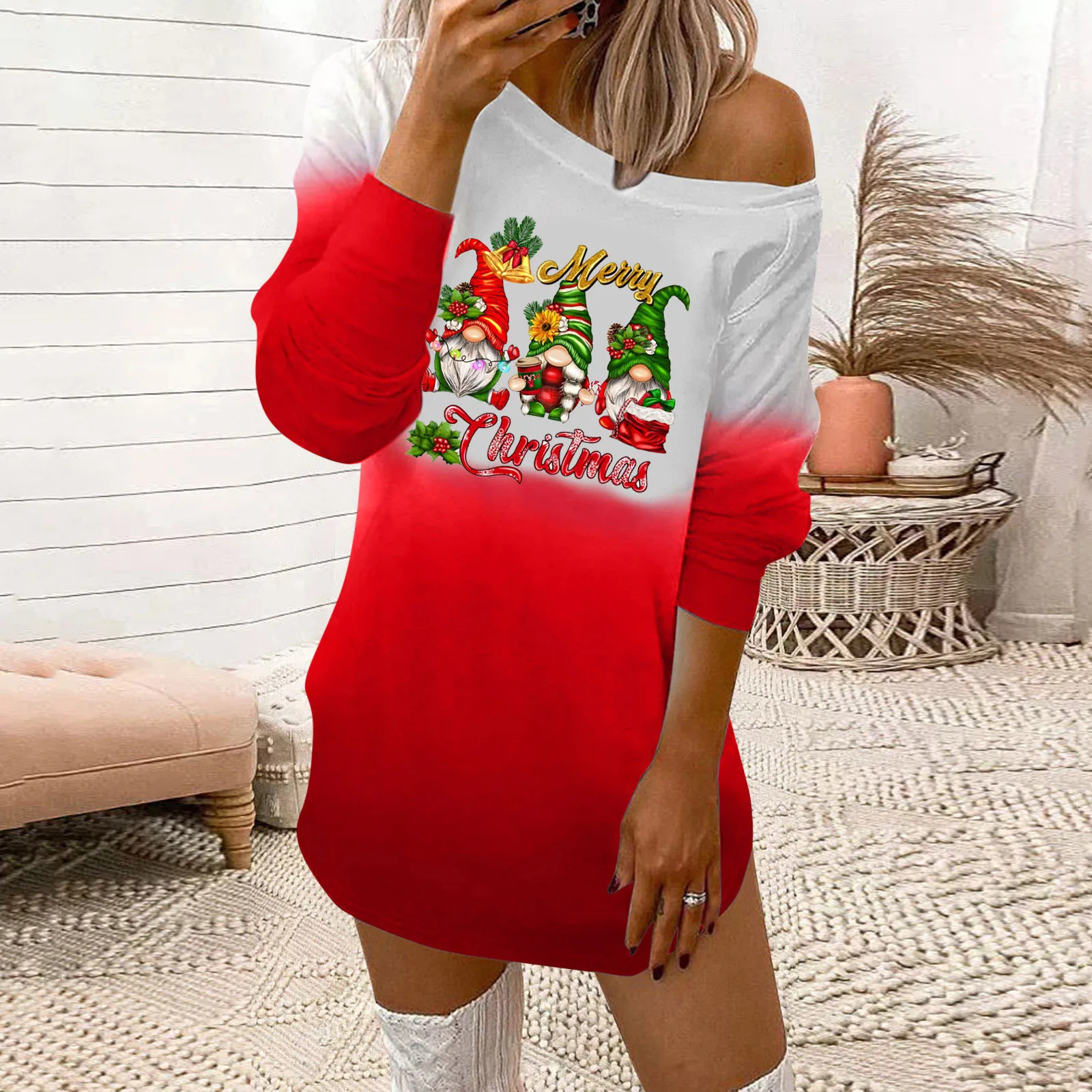 

Womens Fashion Casual Merry Christmas Prints O Neck Off Shoulder Long Sleeves Sweatshirts Loose Party Dresses for Women 2017