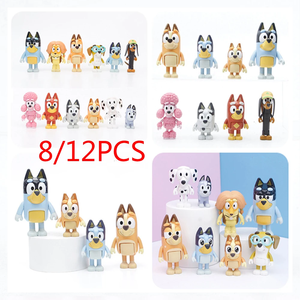 8/12Pcs/Set Cartoon Animation Bluey Playtime Movable Dolls PVC Toys Bluey Bingo Action Collection Model Figures Kids Toys Gifts