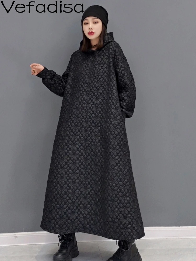 

Vefadisa Spring Autumn Large Size Pullover Dress Black 2023 New Leisure Jacquard Craft Hooded Dress Women TT1087