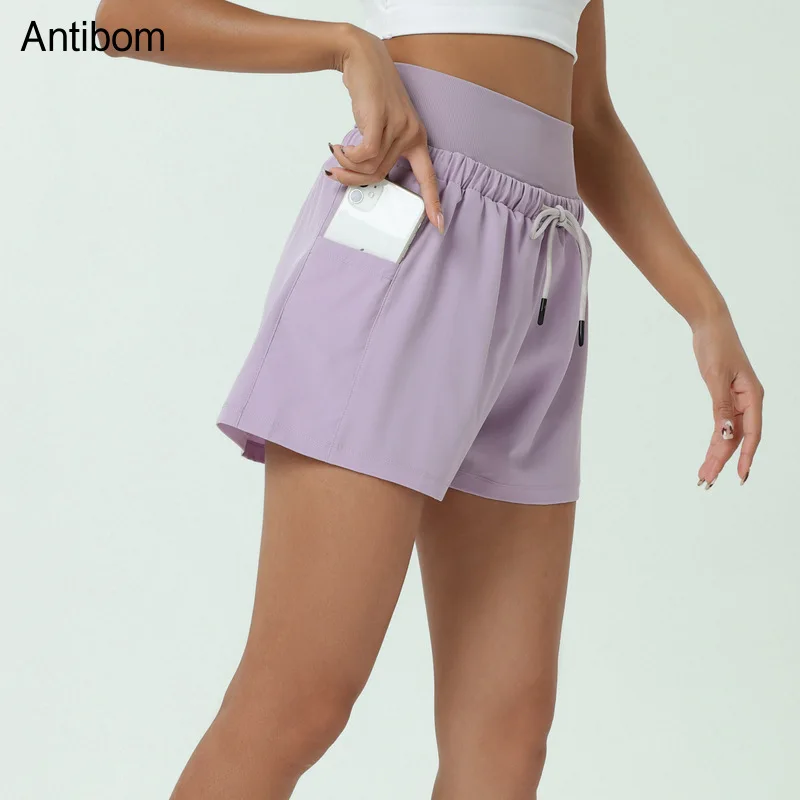 Antibom 2 In 1 Yoga Shorts Women's High Waist Pocket Fitness Running Sportswear Female Loose Quick-drying Anti-glare Summer
