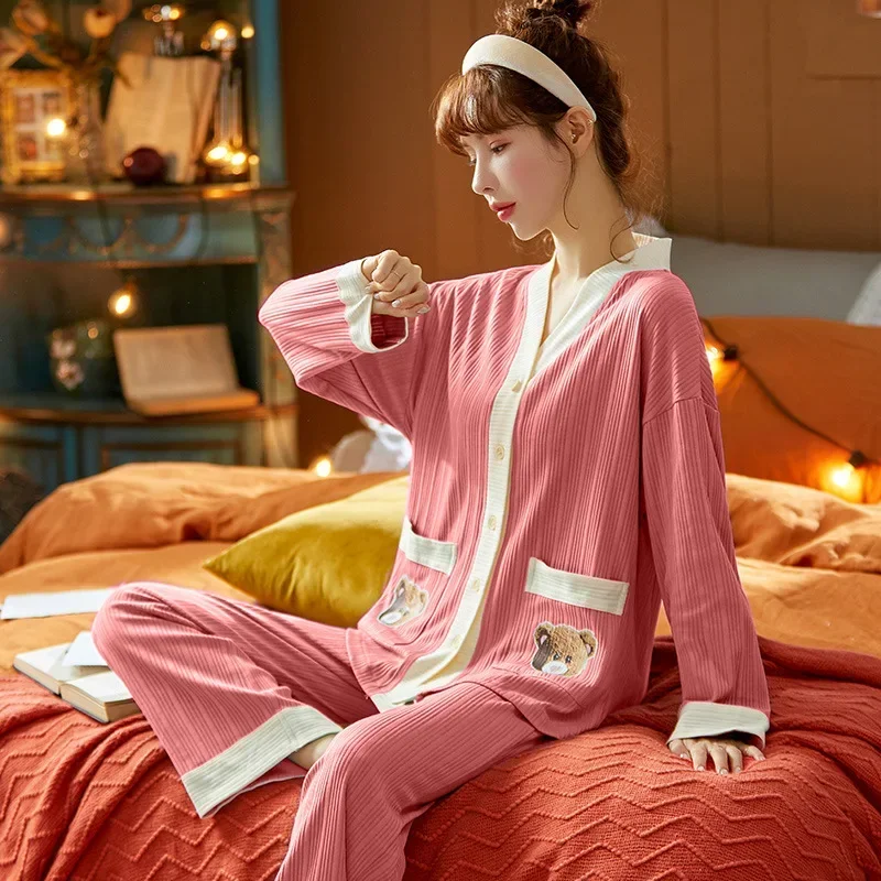

Knitted Cotton Pajams for Women Cardigan V-neck Kimono Women's Pajama Set Long Sleeve Homewear Sleepwear pyjama pour femme