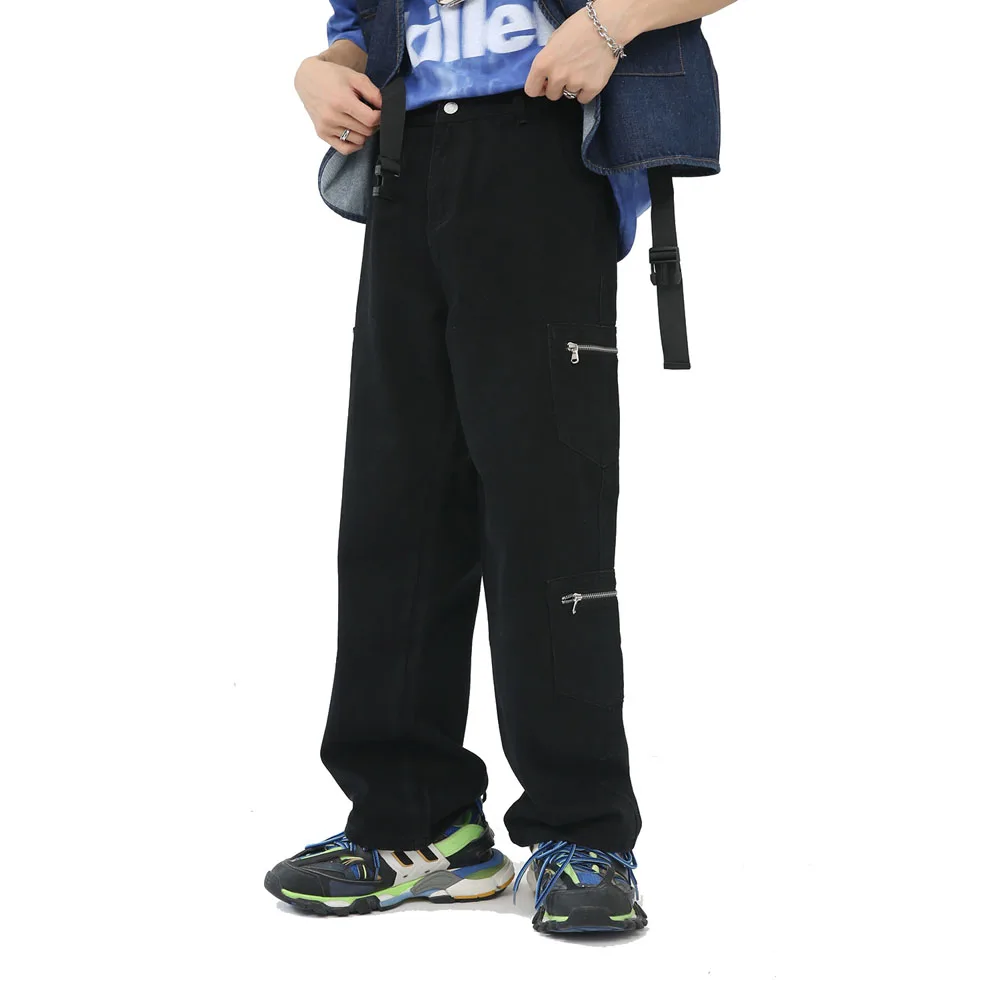 

Vintage Multi Pocket Straight Jeans Men Streetwear Fashion Hip Hop Loose Casual Black Denim Cargo Jeans Pants Trousers Male