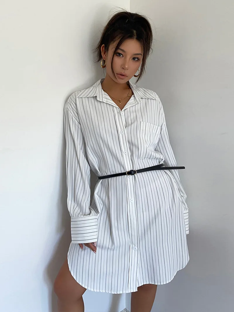 

WOMENGAGA Korean Style Stripe Long Sleeve Shirt Dress For Women Autumn Belt Waist Slim White Fashion Women Blouse Sweet CP49