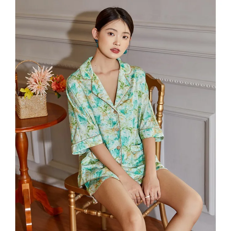 pajamas women's printed short-sleeved shorts suit high-quality two piece set summer silk sleepwear set