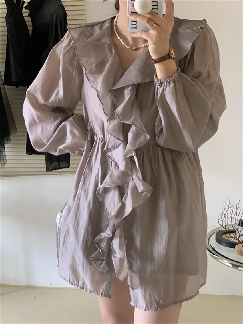 

HziriP V-Neck Ruffles Summer Women Solid Two Pieces Sets New Sunscreen Shirts All Match Office Lady Casual Loose Chic Shorts