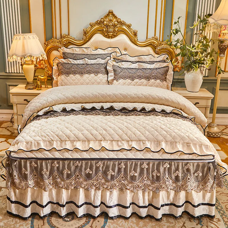 

Quilted Velvet Duvet Cover Set Double Bed 220x240 King Size Embroidery Lace Luxury Quilt Cover Solid 2 Pillowcases Soft