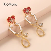 stethscope shape stud earrings for women nurse doctor medical jewelry rhinestone shiny red heart pendant accessories gifts