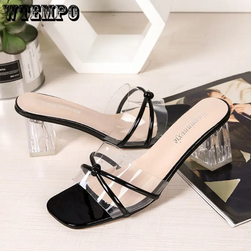 WTEMPO Women Slippers Summer Open Toe High Heel Fashion Female Outdoor Sandals Clear Crystal Heel Slip on Slides Sexy Pumps
