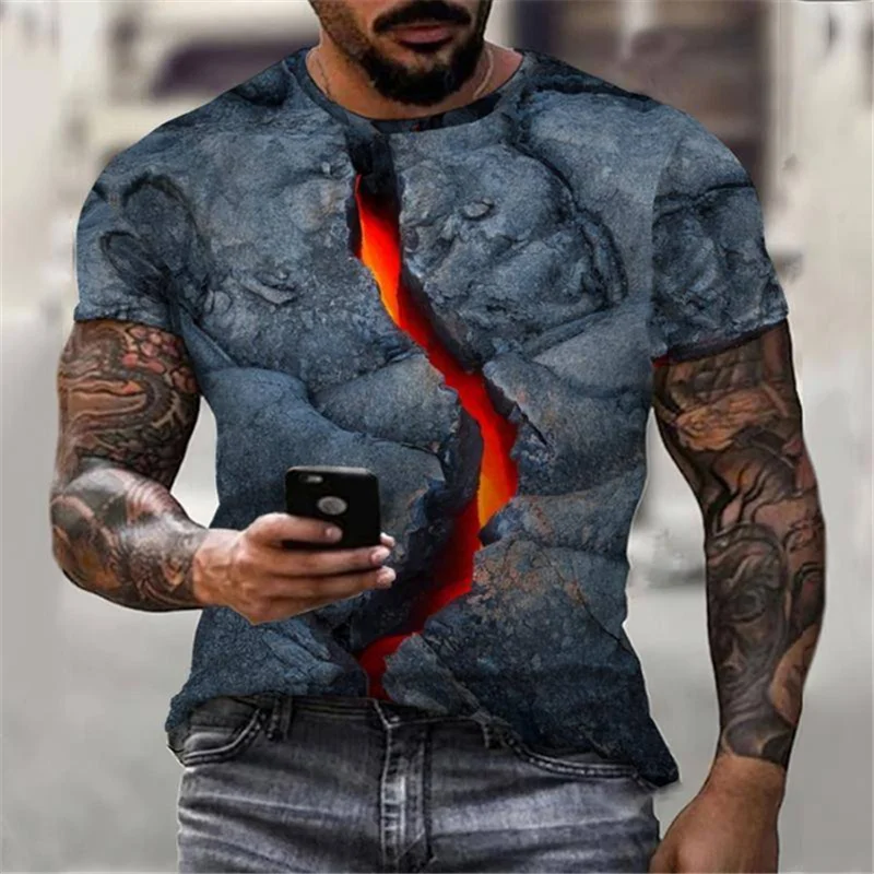 

Summer Men's T-Shirt Magma 3D Printing Smash Lightning Abstract Cool O Neck Short Sleeve Casual Sports Fashion Oversized Top 6XL