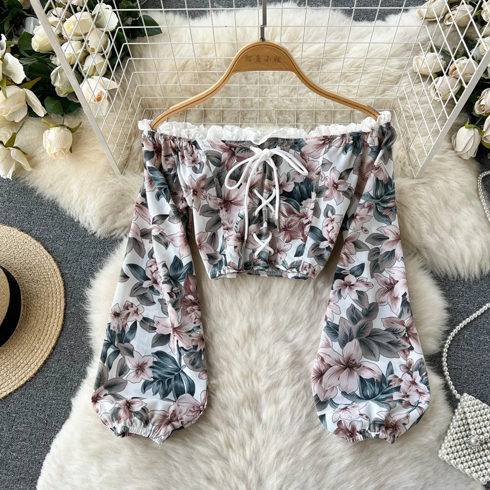 

2022 Women's Floral Print Shirt French Style Slash Neck Lace Up Blouse Spring Autumn Chic Long Sleeve Crop Tops