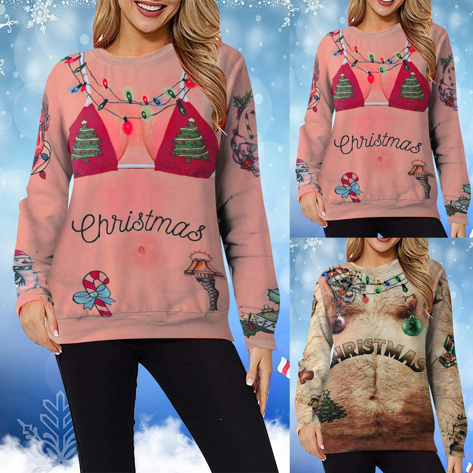 

Women's Christmas Long-Sleeve Wacky Print Fashion O Neck Sweatshirt Top Pullover Drawstring Top Thin Hoodie Women