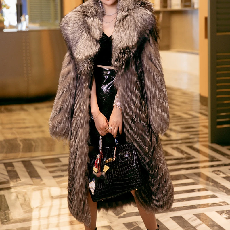 High-Grade Socialite Style Fur Coat Imported Silver Fox Fox Fur Silver Fox natural color
