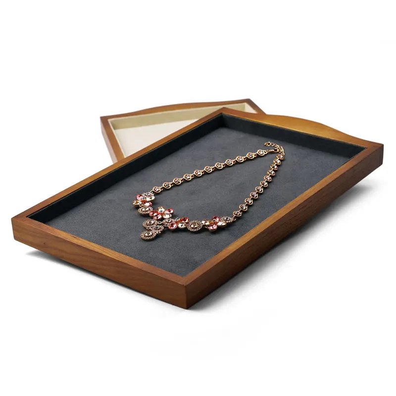 Oirlv Beige/Dark Gray Wooden Velvet Display Show Case Tray Necklace Pendant Decorative Tray for Jewelry