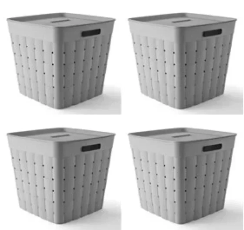 

Детская и подростковая пластиковая широкоплетеная серая корзина для хранения Your Zone с крышкой, 4 упаковки