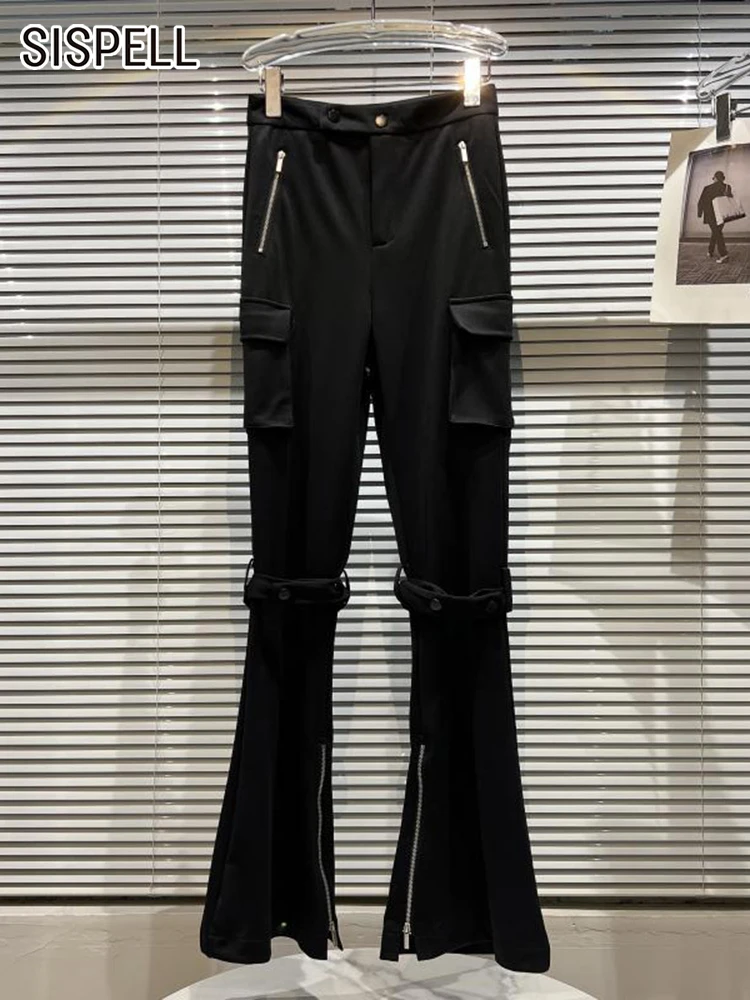 

SISPELL Minimalist Trousers For Women High Waist Patchwork Zipper Pocket Slim Flare Pants Female Fashion Autumn Clothing 2022