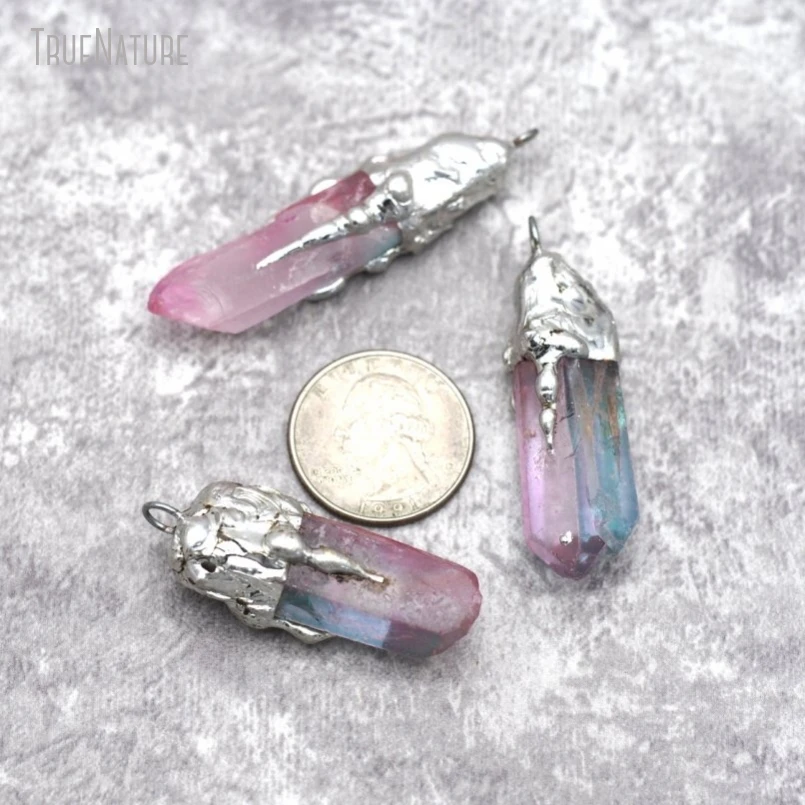 

10Pcs Wholesale Hot Pink Blue Tin Clear Crystal Soldered Free Form Pillar Point Handmade Jewelry Pendant PM29179