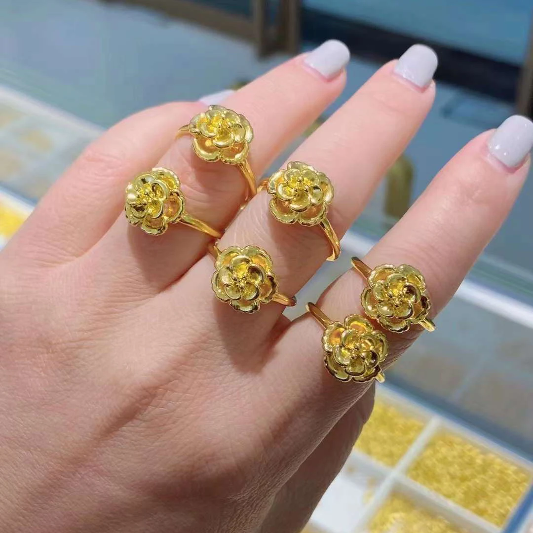 

1PCS Pure 999 24K Yellow Gold Ring Women 5D Light Big Flower Ring Size 5-8 /1g