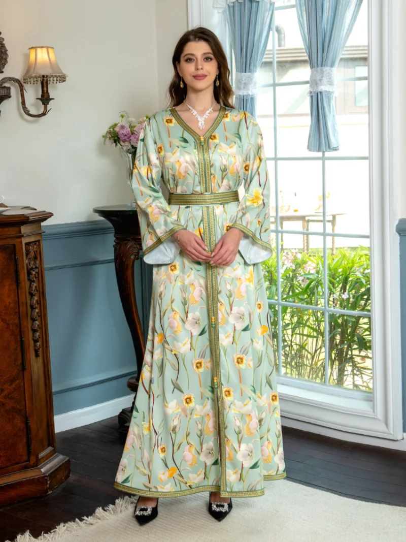 Eid Morocco Party Dress Muslim Women Dubai Abaya Dress Jalabiya Floral Musulman Islamic Turkey Moroccan Kaftan Arabic Robe 2023