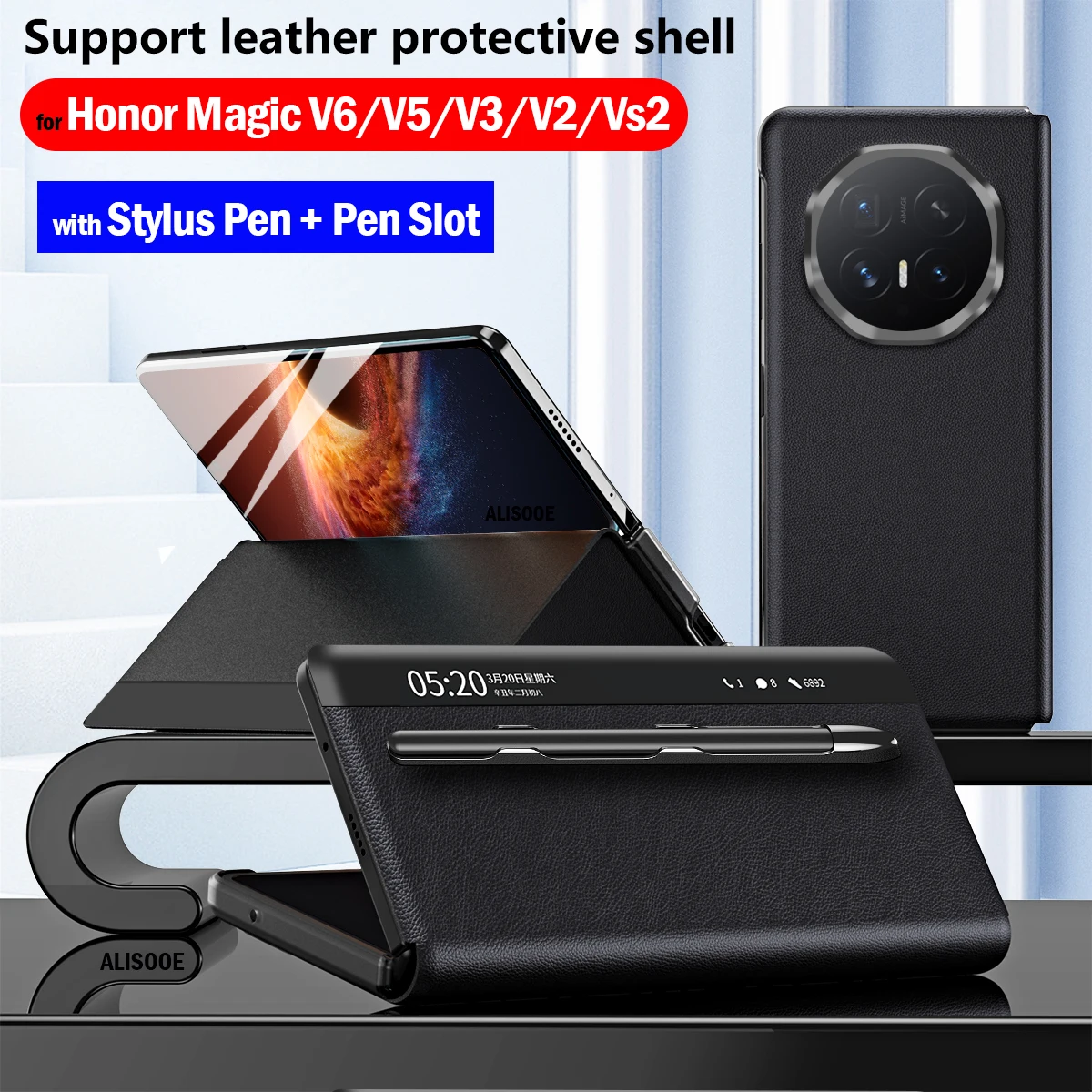 Фото Кожаный чехол-флип с отсеком для стилуса и функцией Smart View (окно) для Honor Magic V6 V5 V3 V2 VS2 VS с функцией автоматического включения/выключения экрана №1
