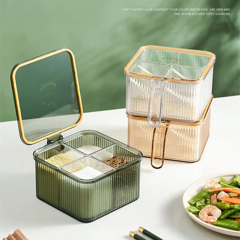 Household Four in One Grid Transparent Seasoning Box Removable Light Luxury Spice Pots Seasoning Storage Kitchen Accessories