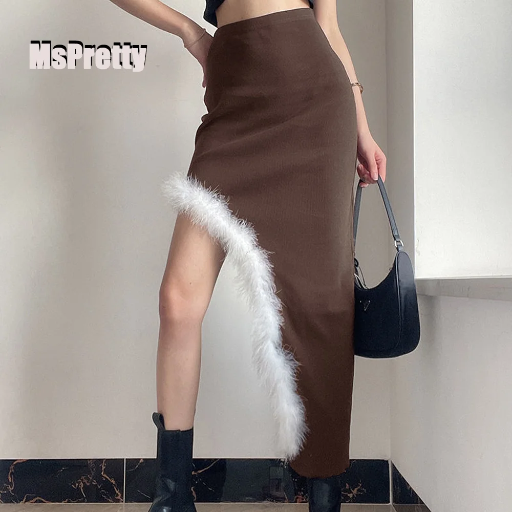 

MsPretty плюшевая сшитая Асимметричная длинная юбка для девушек сексуальная стройнящая юбка с высокой талией Женская одежда на весну