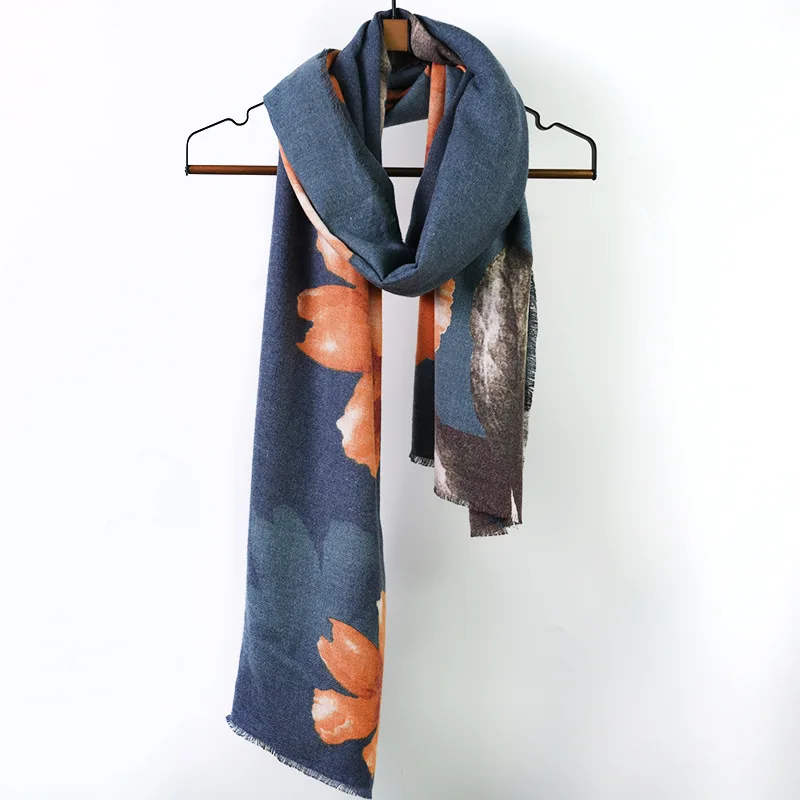 

Fashion Hibiscus Print Cashmere Scarf Women Autumn Winter Unique Floral Pashmina Shawl Scarves Female foulard femme luxe marque