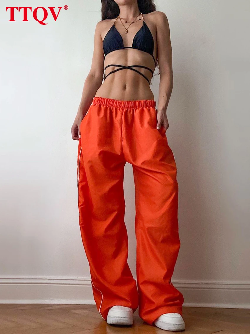 

TTQV Fashion Loose Nylon Orange Women's Pants Casual High Waisted Wide Leg Pants Autumn Solid Pockets Trousers Streetwear 2022