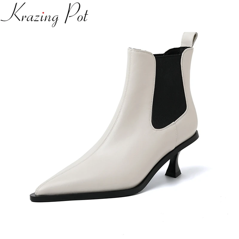 

Krazing Pot Fashion Cow Leather Pointed Toe Modern Chelsea Boots High Heels Warm Winter Concise Dress Dating Elegant Ankle Boots