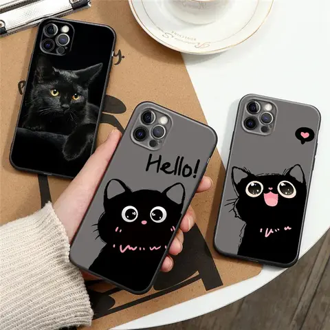 Чехол для телефона Black Cats Cute Cat Hello для Apple iPhone 16, 15, 14, 13, 12, 11 Pro Max XR XS Max 7, 8 Plus SE2, силиконовые чехлы на заднюю панель