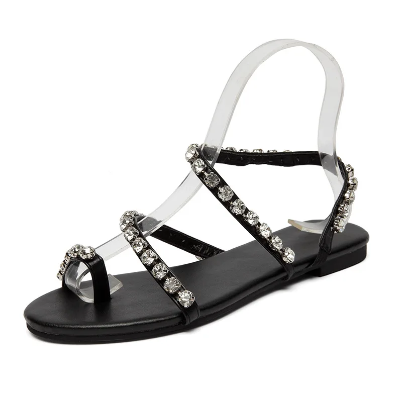 Summer Roman Pearl Sandals Woman Europe 2022 New Diamond-studded Flat Sandals Ladies Casual Large Size 42 Women's Shoes