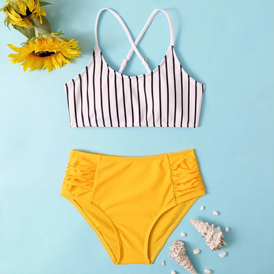 

Stripe Girl Swimsuit Kids Ruched Mid Waist Bikini Set Cross Back Two Piece Children's Swimwear 7-14 Years Bathing Suit Beachwear