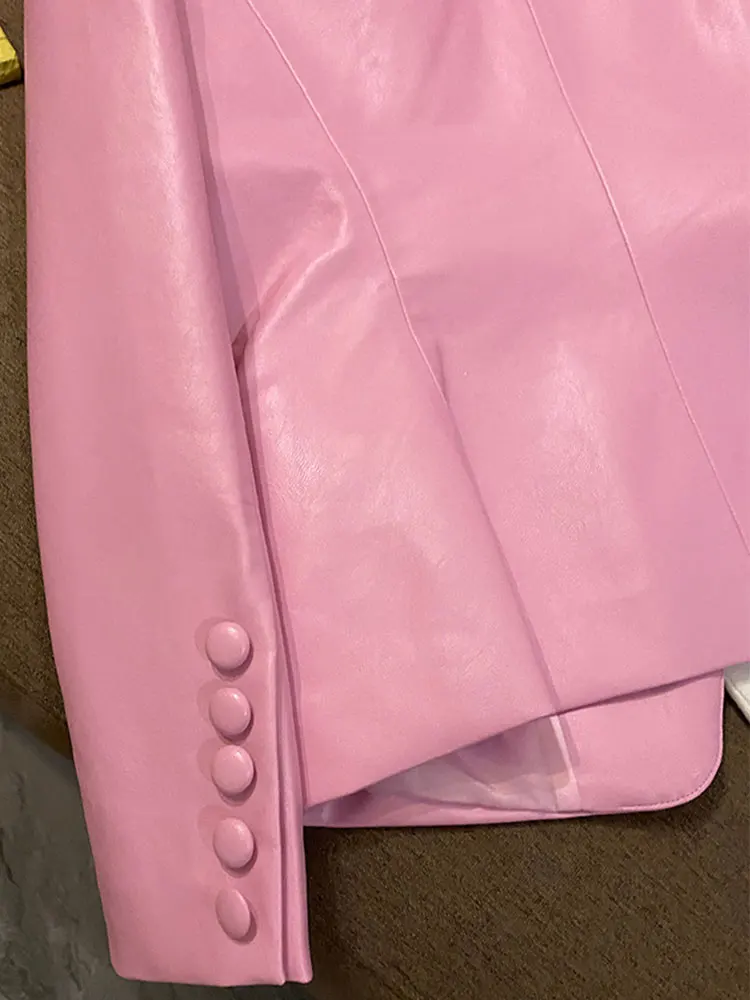 Lautaro Spring Stylish Short Pink Soft Pu Leather Blazer Long Sleeve Slim Fit Luxury Jackets for Women 2022 Elegant Fashion 5xl images - 6