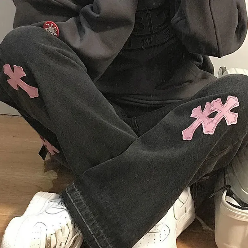 Streetwear Korean Fashion Versatile Denim Trousers Cross Applique Jeans Woman High Waist 4XL Size Y2k Straight Baggy Pants